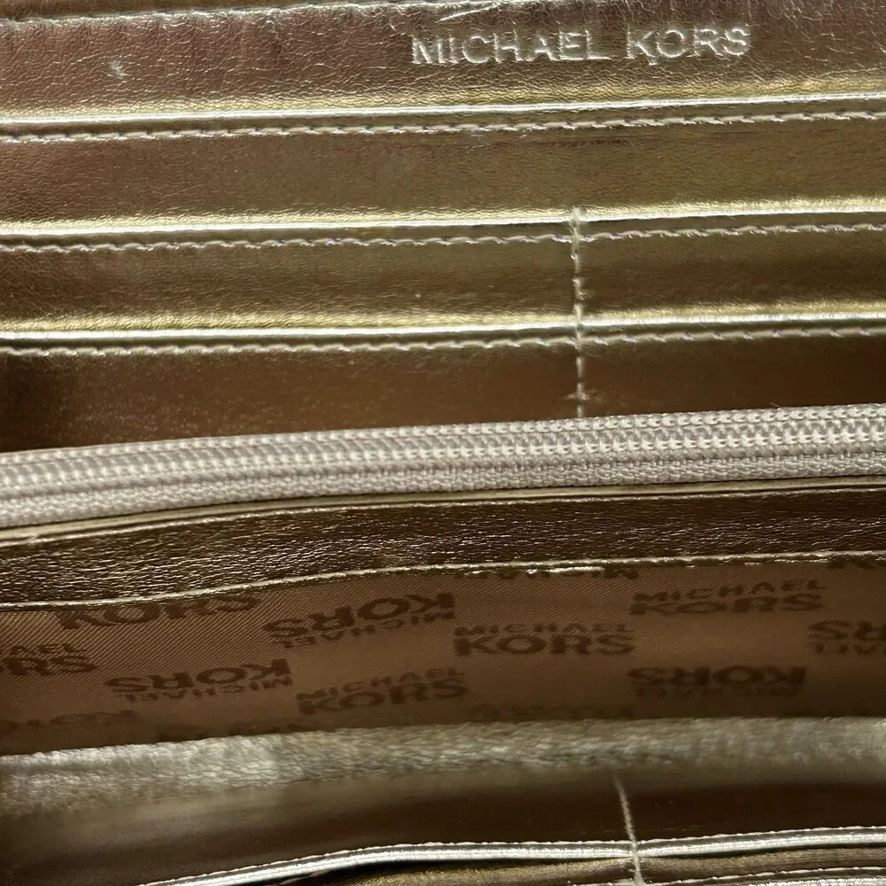 New Michael Kors Jet Set Zip Around Wallet Brown Pebble Leather Gold Logo NWT